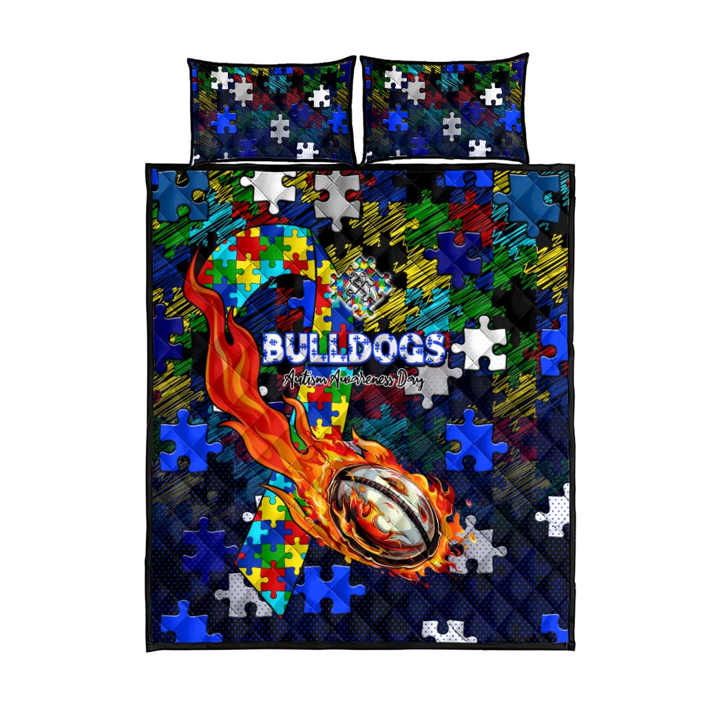Bulldogs Autism Awareness Quilt Bed Set Puzzle Flames Rugby Ball