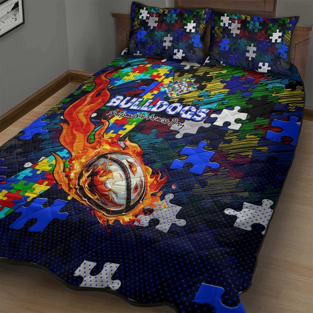 Bulldogs Autism Awareness Quilt Bed Set Puzzle Flames Rugby Ball