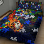 Bulldogs Autism Awareness Quilt Bed Set Puzzle Flames Rugby Ball