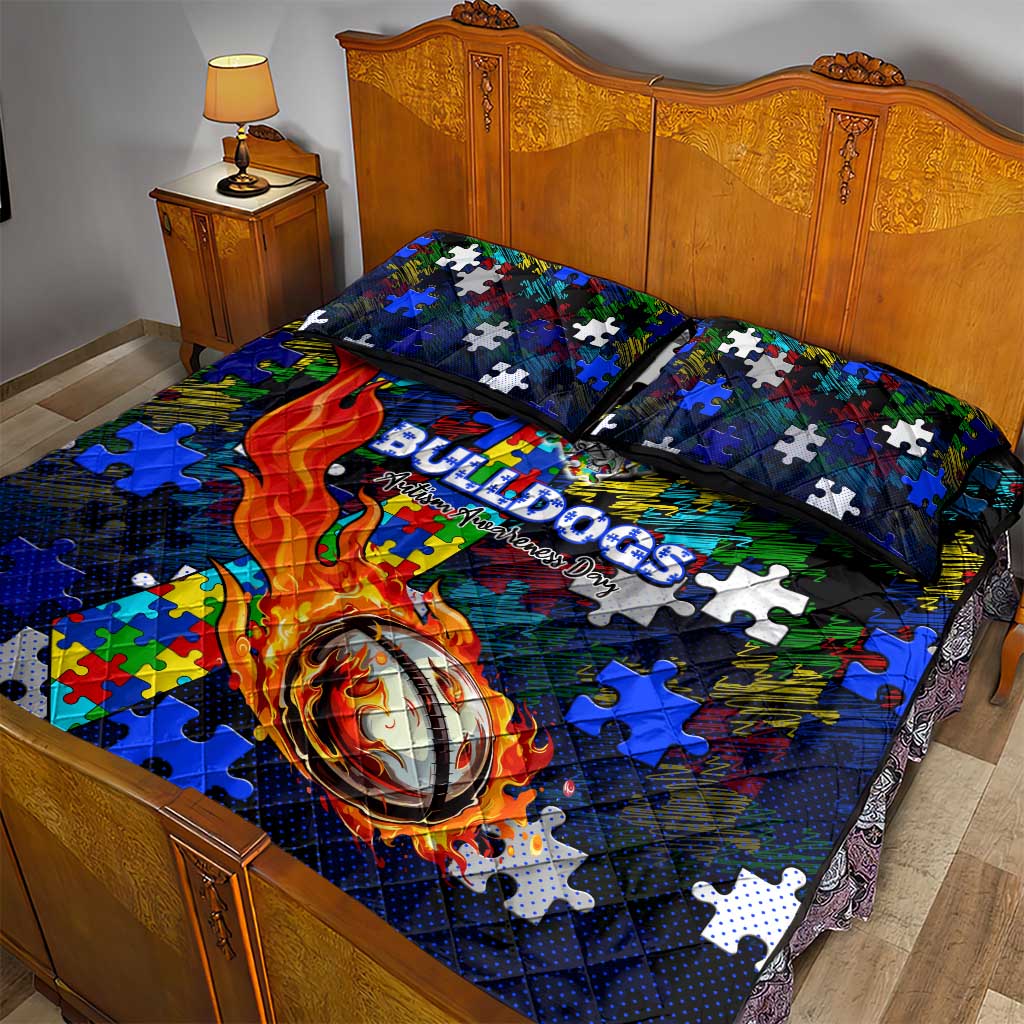 Bulldogs Autism Awareness Quilt Bed Set Puzzle Flames Rugby Ball