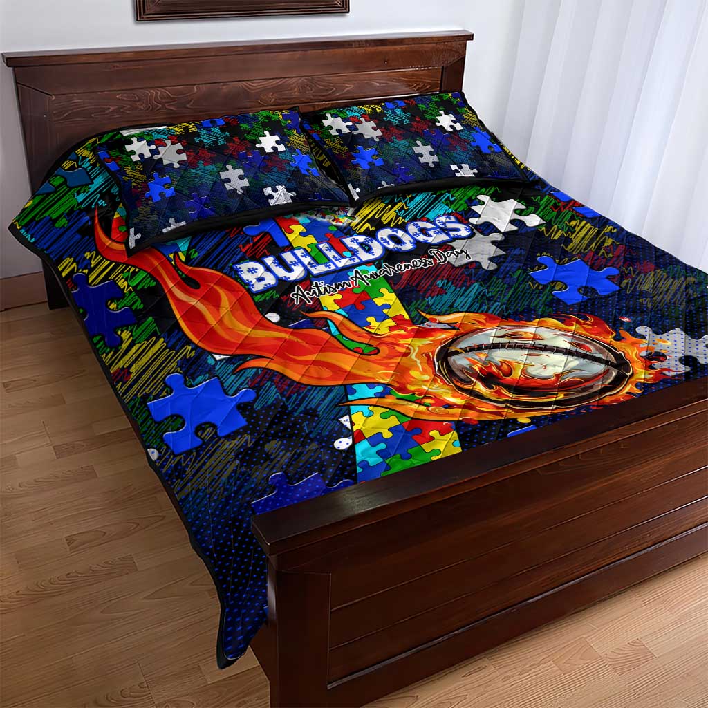 Bulldogs Autism Awareness Quilt Bed Set Puzzle Flames Rugby Ball