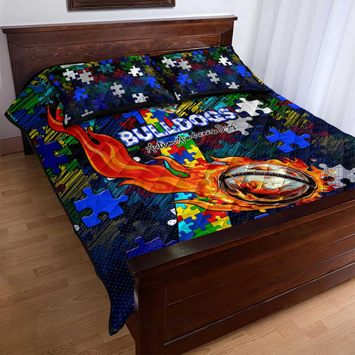Bulldogs Autism Awareness Quilt Bed Set Puzzle Flames Rugby Ball