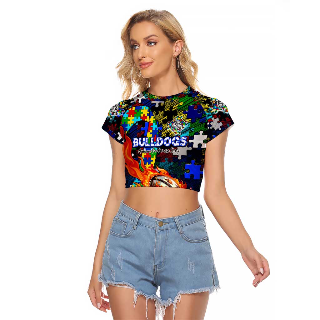 Bulldogs Autism Awareness Raglan Cropped T Shirt Puzzle Flames Rugby Ball