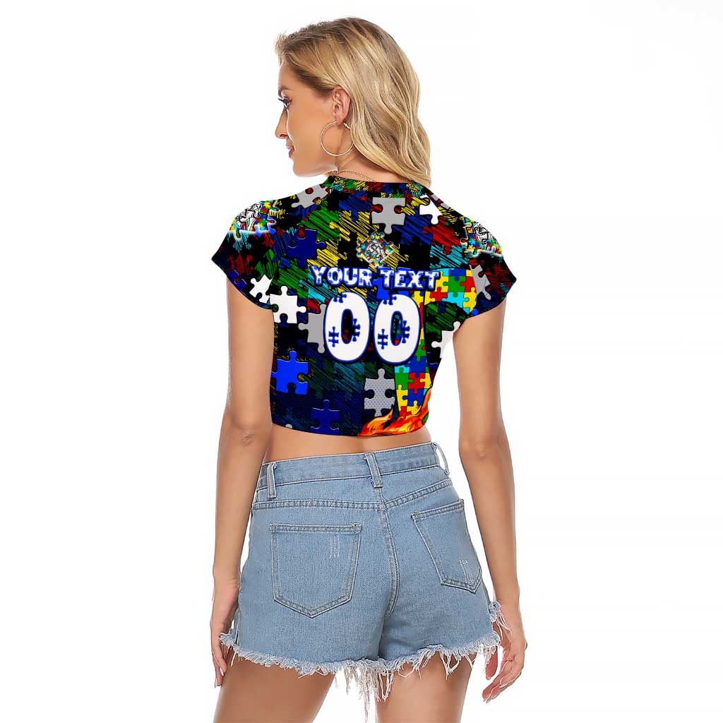 Bulldogs Autism Awareness Raglan Cropped T Shirt Puzzle Flames Rugby Ball