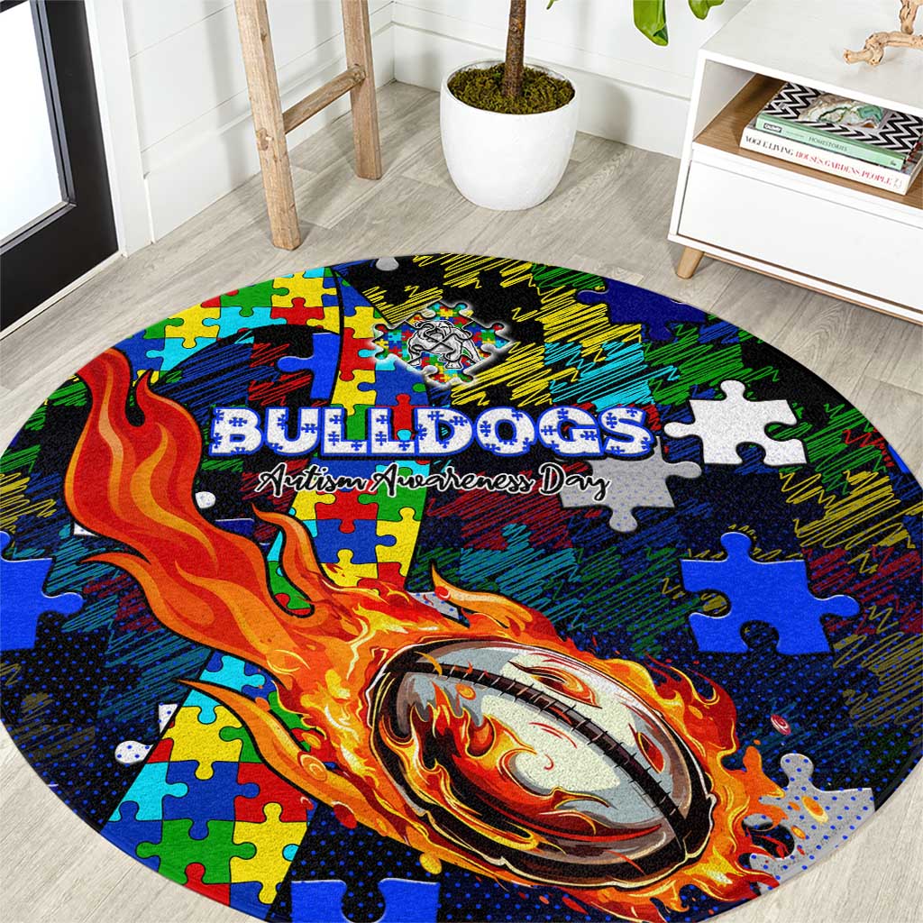 Bulldogs Autism Awareness Round Carpet Puzzle Flames Rugby Ball