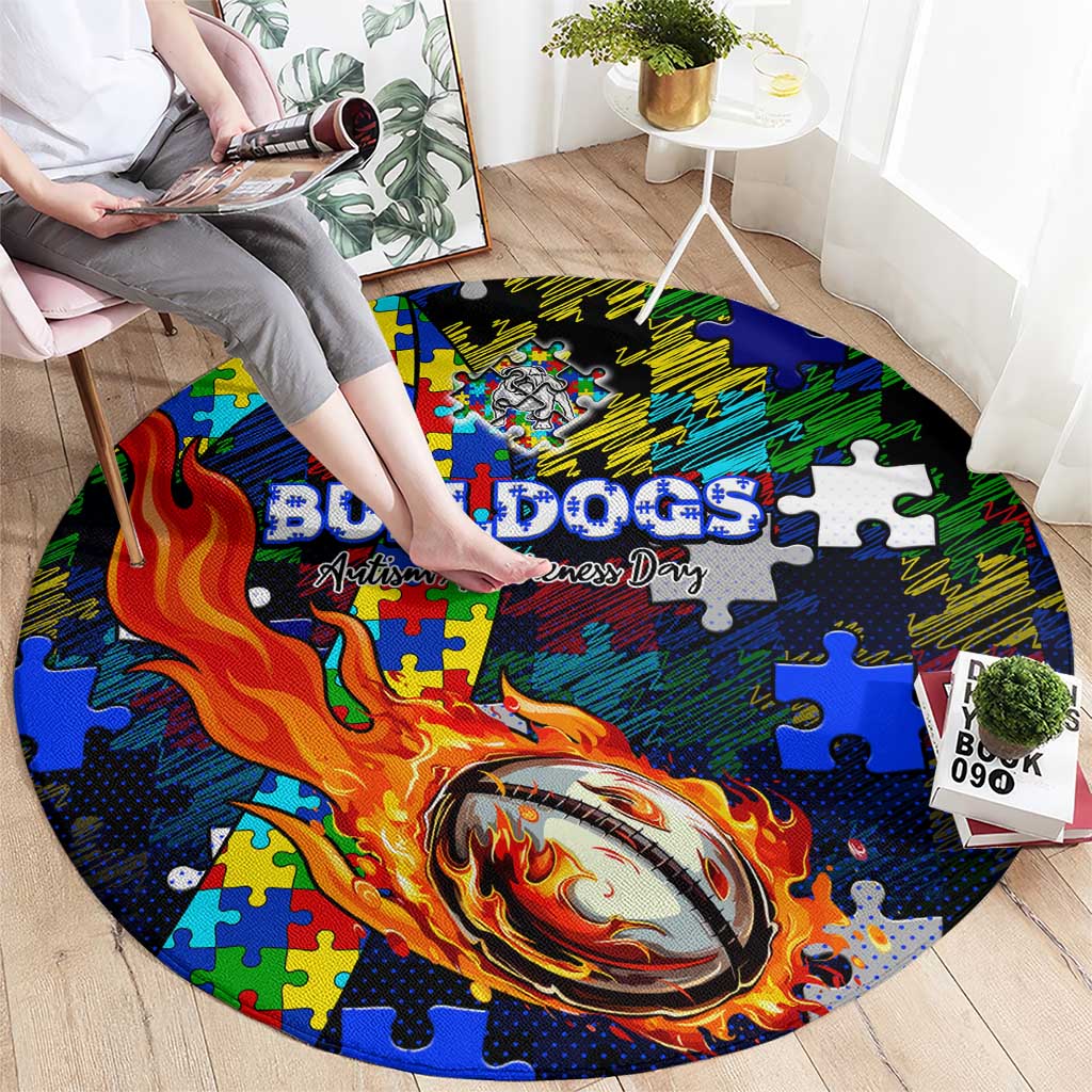 Bulldogs Autism Awareness Round Carpet Puzzle Flames Rugby Ball