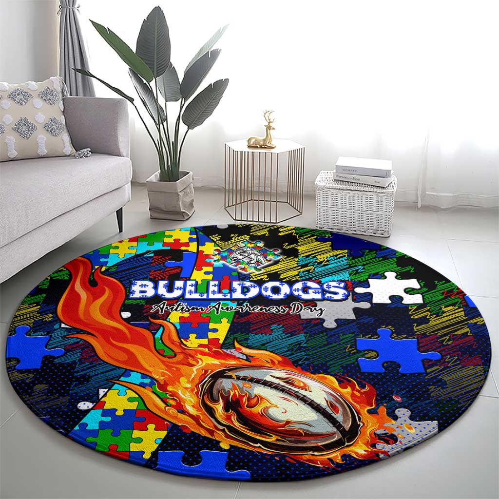 Bulldogs Autism Awareness Round Carpet Puzzle Flames Rugby Ball