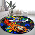 Bulldogs Autism Awareness Round Carpet Puzzle Flames Rugby Ball