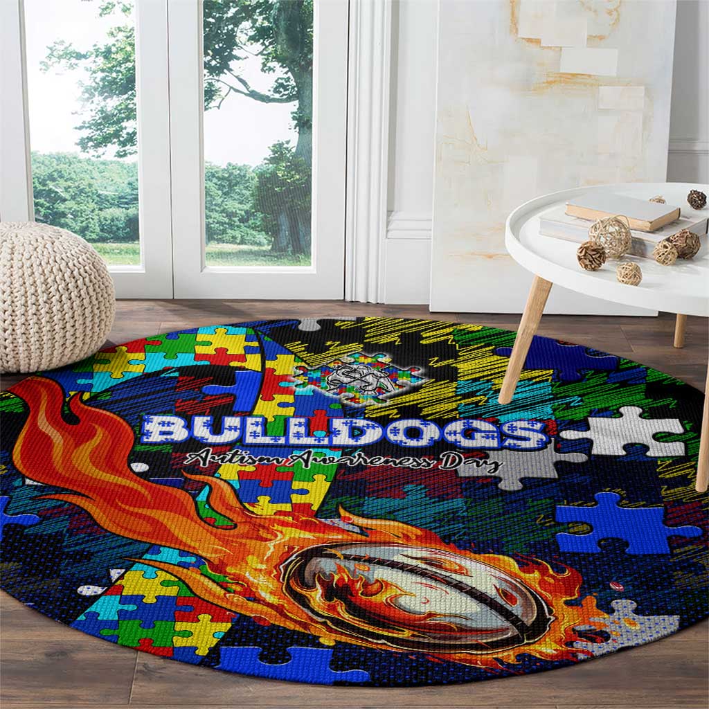 Bulldogs Autism Awareness Round Carpet Puzzle Flames Rugby Ball