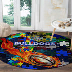 Bulldogs Autism Awareness Round Carpet Puzzle Flames Rugby Ball