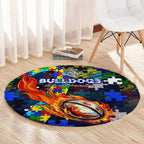 Bulldogs Autism Awareness Round Carpet Puzzle Flames Rugby Ball