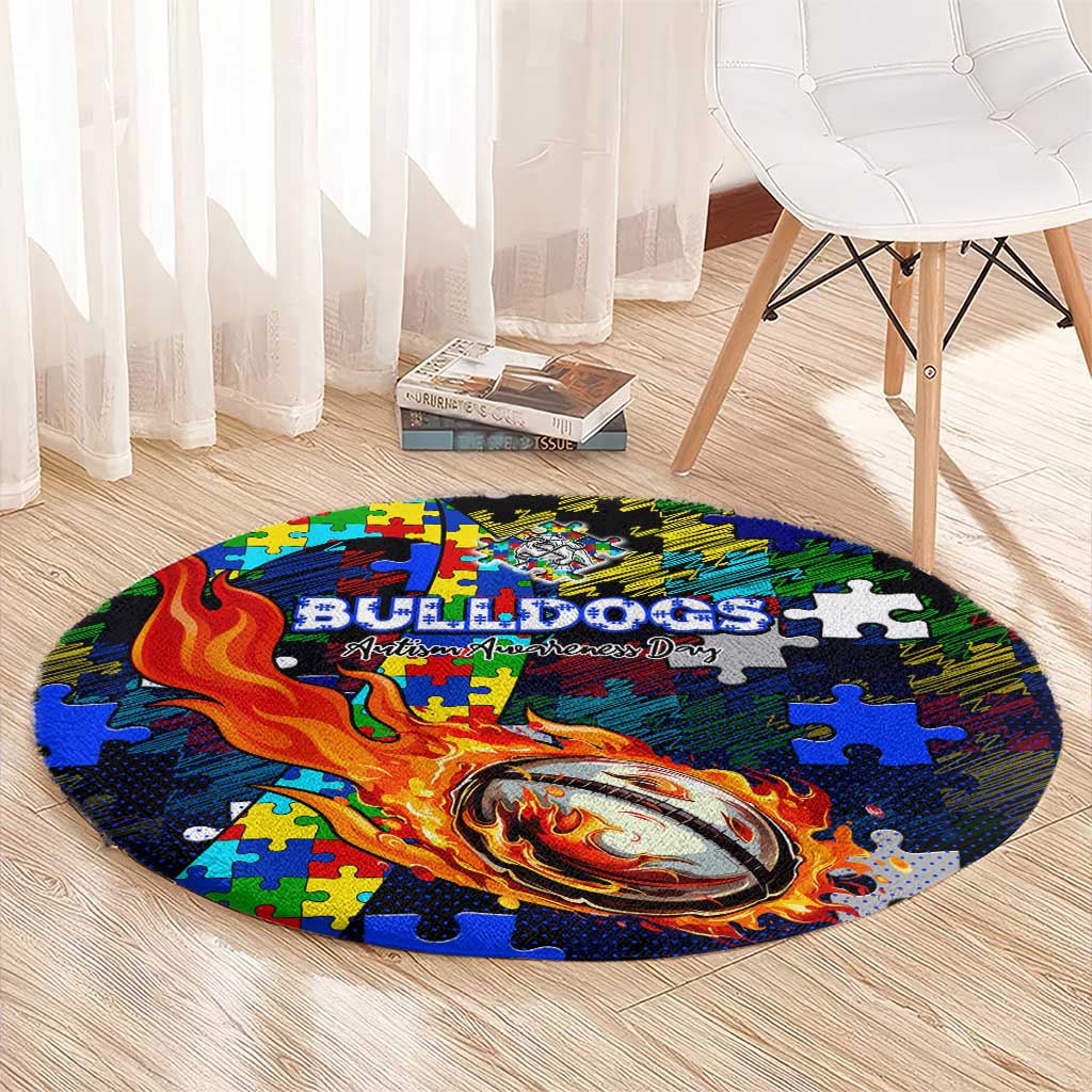 Bulldogs Autism Awareness Round Carpet Puzzle Flames Rugby Ball