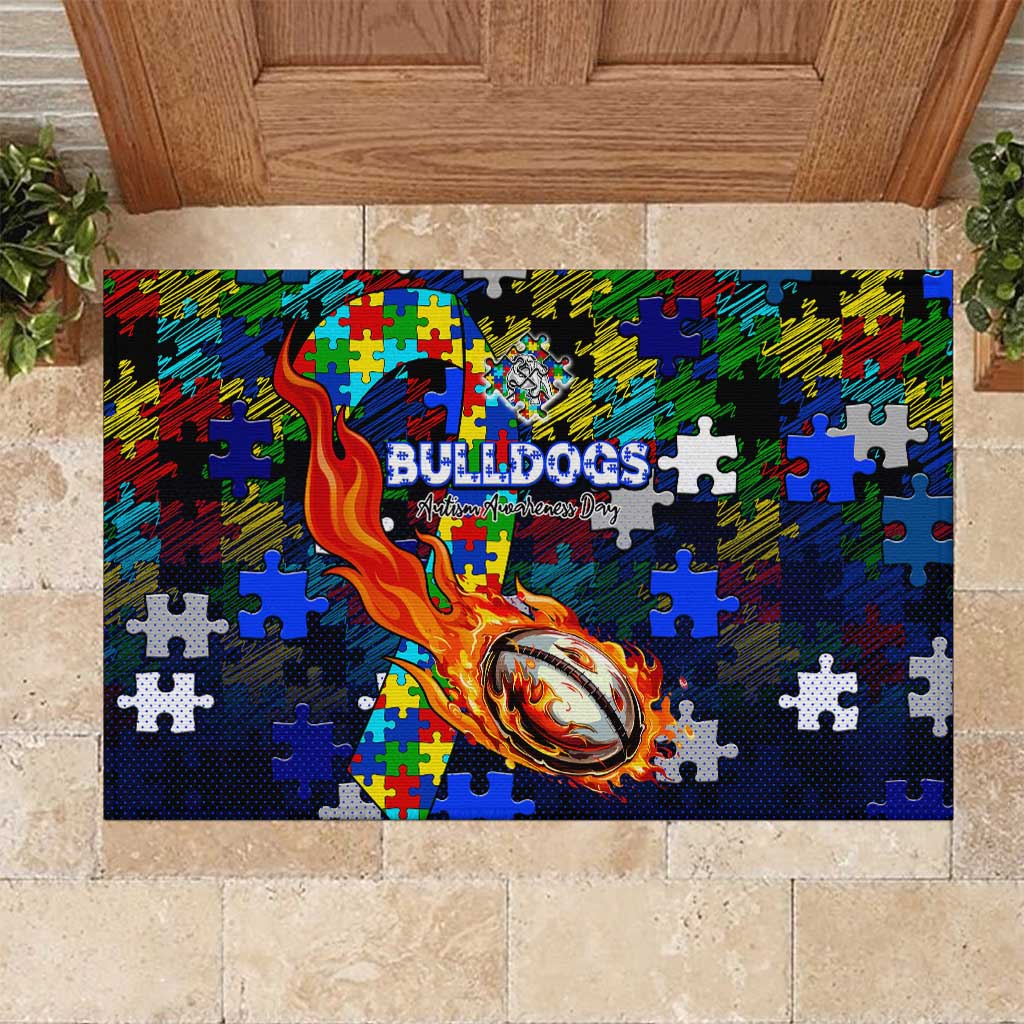 Bulldogs Autism Awareness Rubber Doormat Puzzle Flames Rugby Ball
