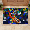 Bulldogs Autism Awareness Rubber Doormat Puzzle Flames Rugby Ball