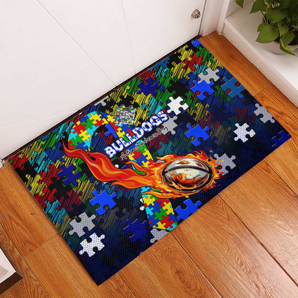 Bulldogs Autism Awareness Rubber Doormat Puzzle Flames Rugby Ball