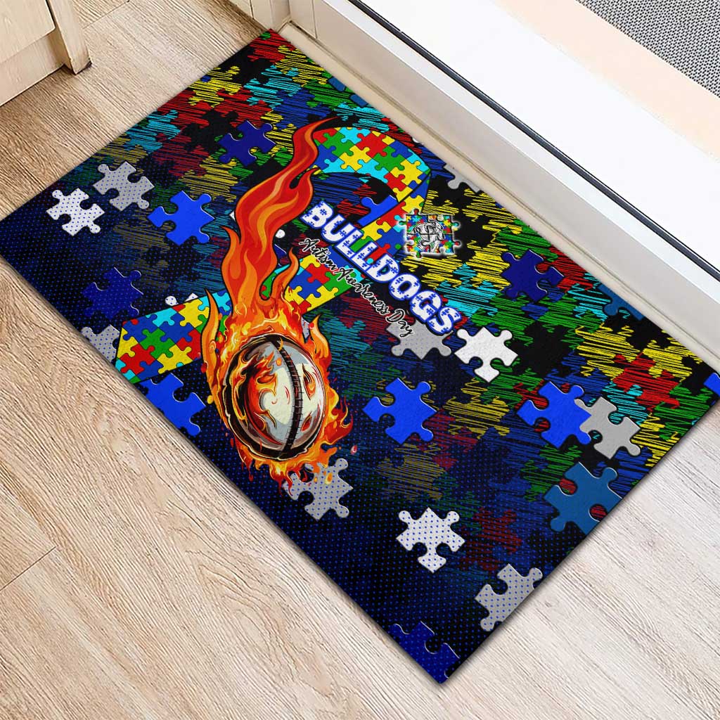 Bulldogs Autism Awareness Rubber Doormat Puzzle Flames Rugby Ball