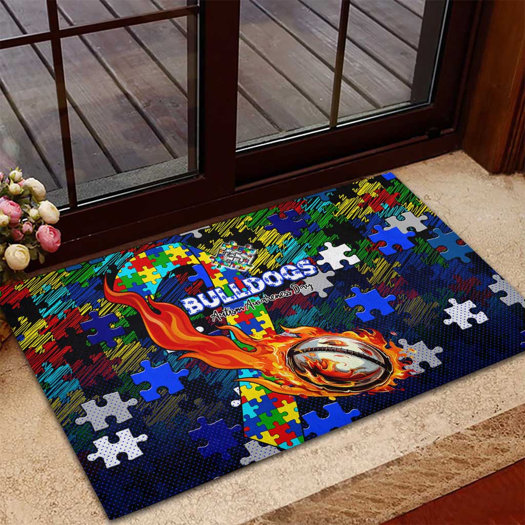 Bulldogs Autism Awareness Rubber Doormat Puzzle Flames Rugby Ball