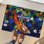 Bulldogs Autism Awareness Rubber Doormat Puzzle Flames Rugby Ball