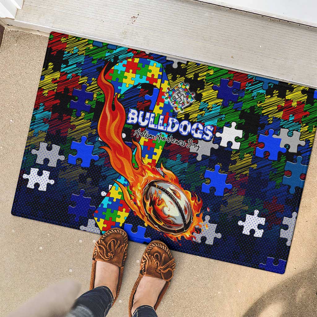 Bulldogs Autism Awareness Rubber Doormat Puzzle Flames Rugby Ball