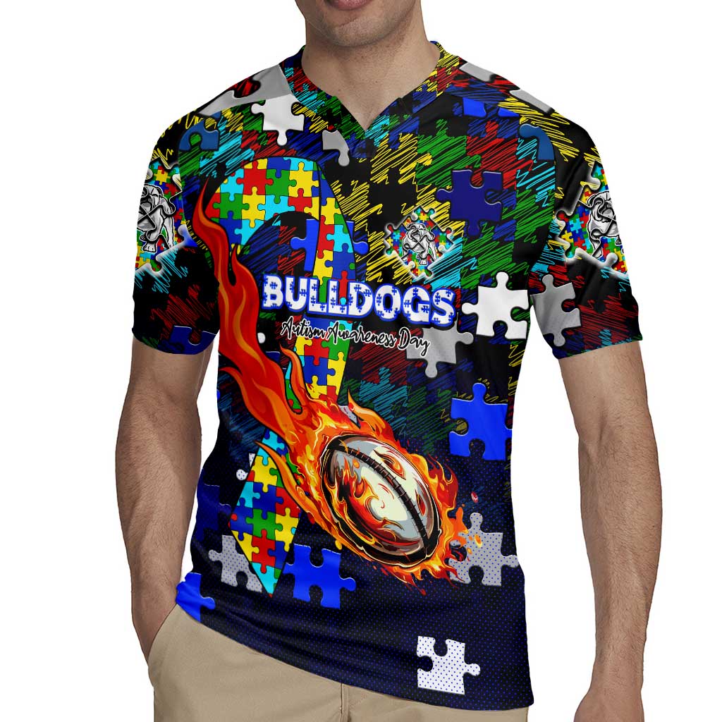 Bulldogs Autism Awareness Rugby Jersey Puzzle Flames Rugby Ball