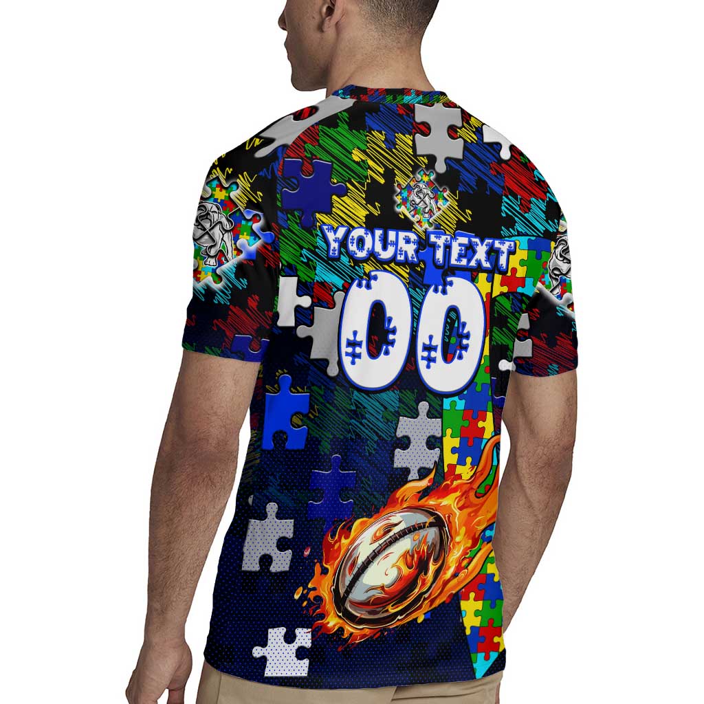 Bulldogs Autism Awareness Rugby Jersey Puzzle Flames Rugby Ball