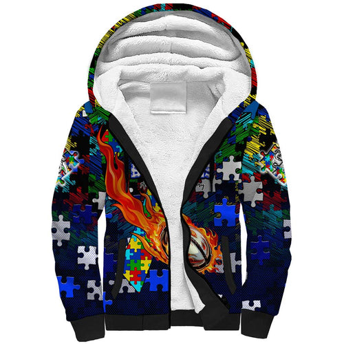 Bulldogs Autism Awareness Sherpa Hoodie Puzzle Flames Rugby Ball