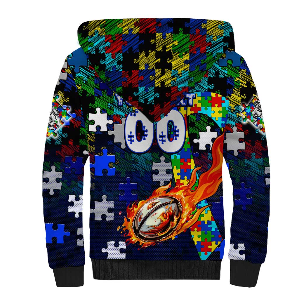 Bulldogs Autism Awareness Sherpa Hoodie Puzzle Flames Rugby Ball