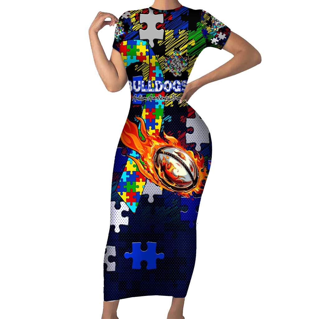 Bulldogs Autism Awareness Short Sleeve Bodycon Dress Puzzle Flames Rugby Ball