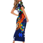Bulldogs Autism Awareness Short Sleeve Bodycon Dress Puzzle Flames Rugby Ball