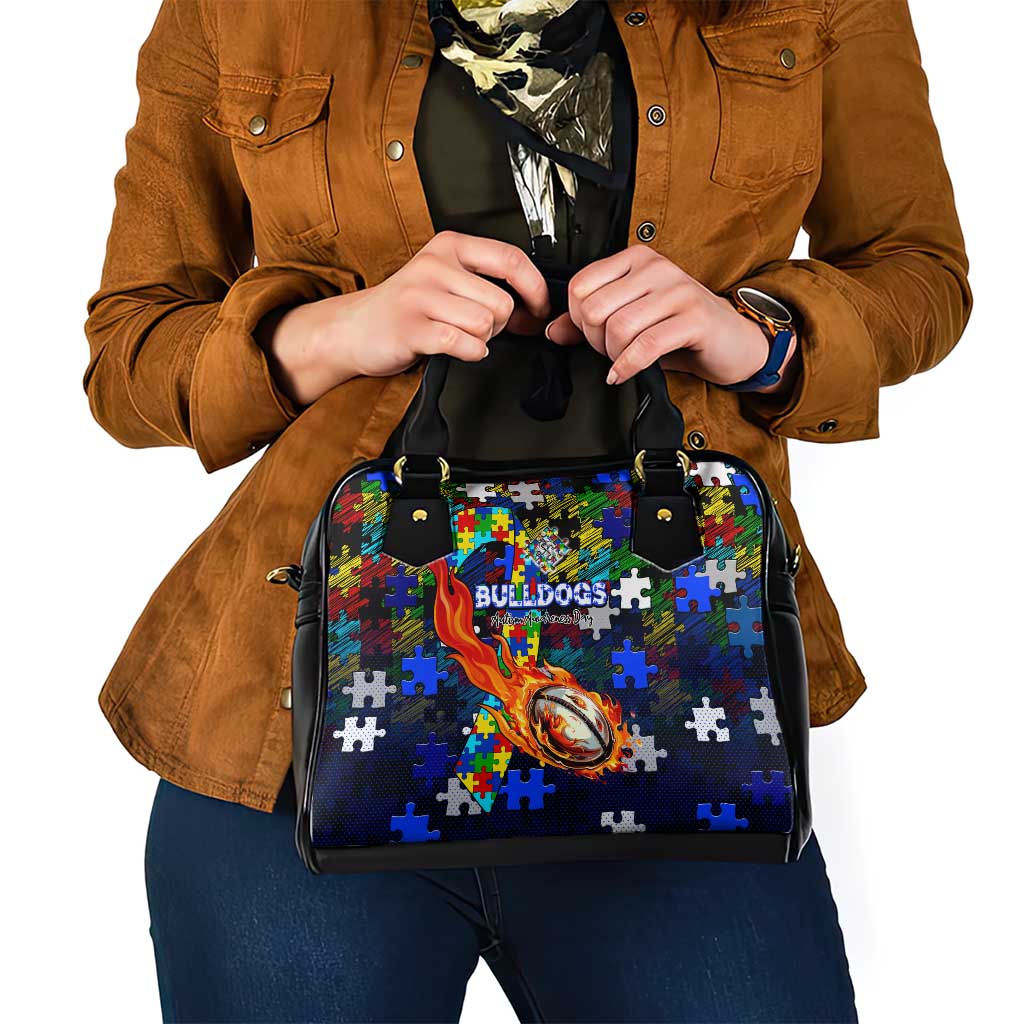 Bulldogs Autism Awareness Shoulder Handbag Puzzle Flames Rugby Ball