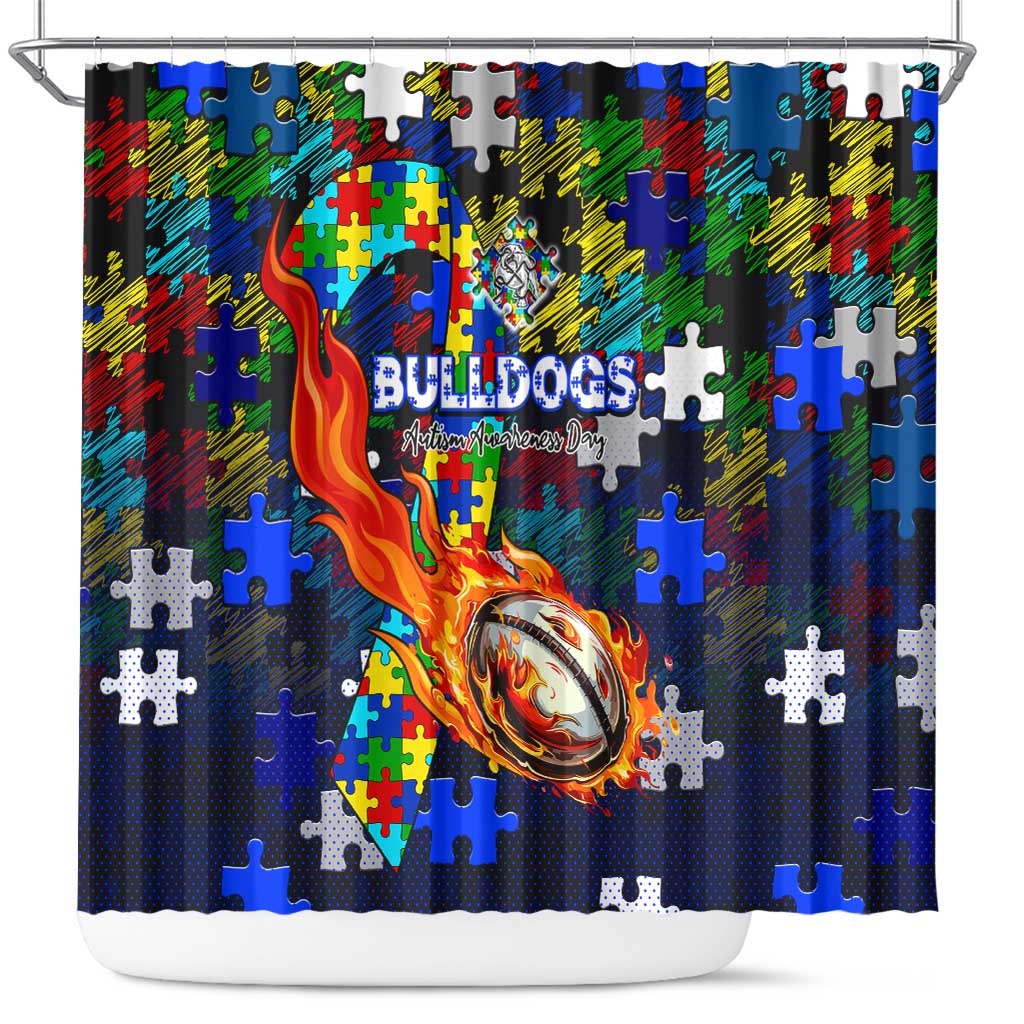 Bulldogs Autism Awareness Shower Curtain Puzzle Flames Rugby Ball