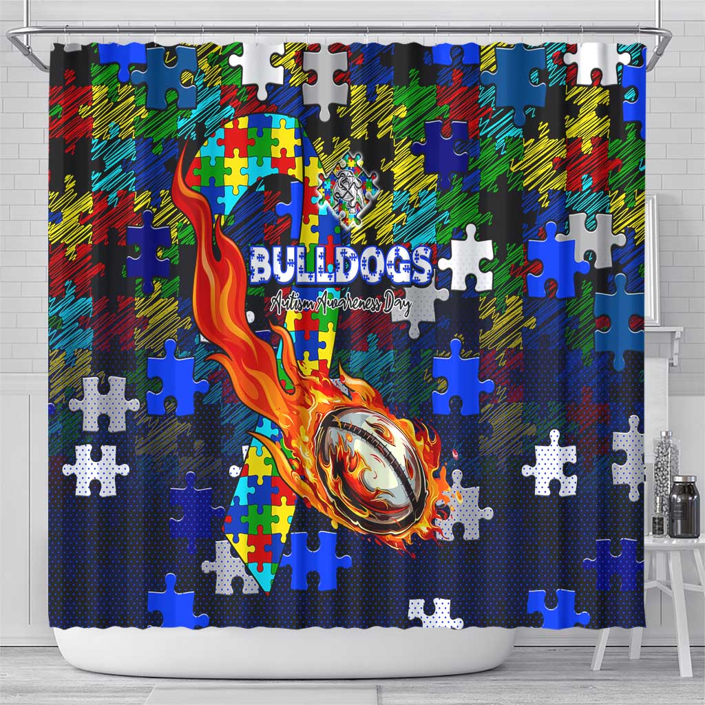Bulldogs Autism Awareness Shower Curtain Puzzle Flames Rugby Ball