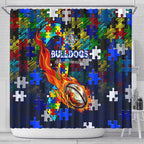 Bulldogs Autism Awareness Shower Curtain Puzzle Flames Rugby Ball