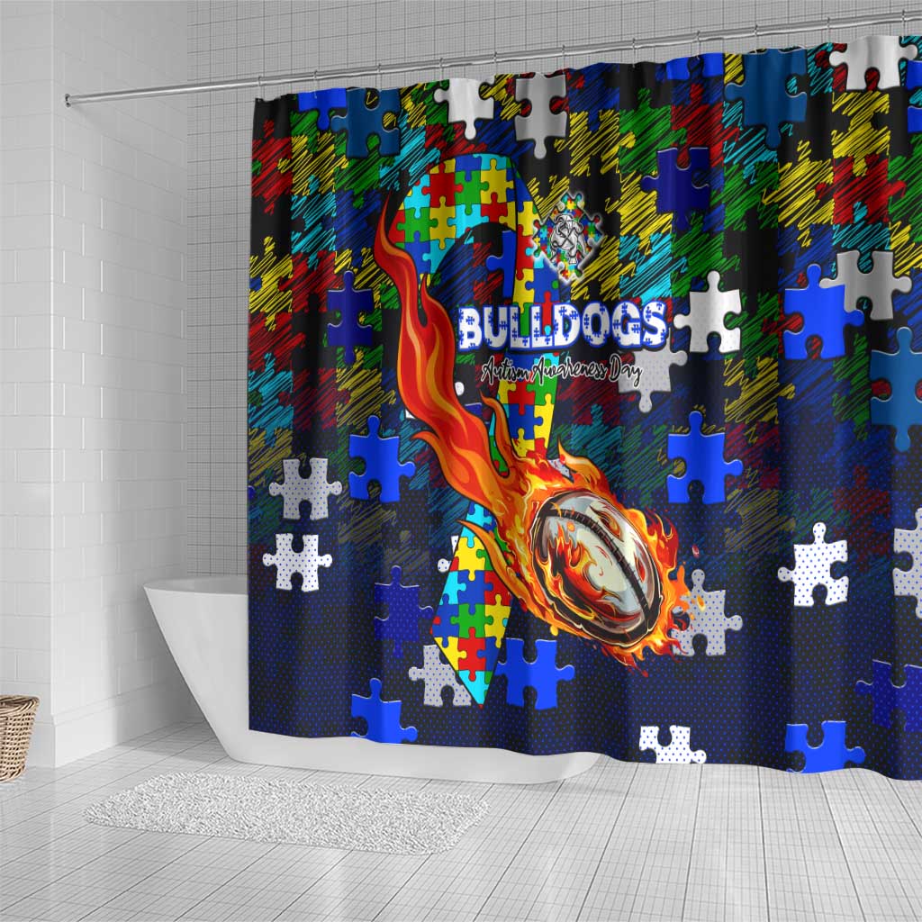 Bulldogs Autism Awareness Shower Curtain Puzzle Flames Rugby Ball