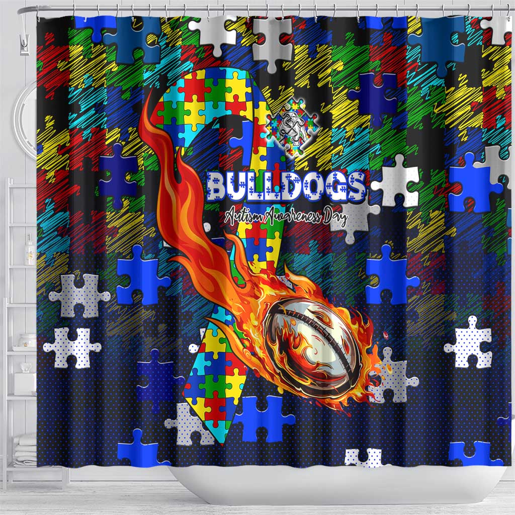 Bulldogs Autism Awareness Shower Curtain Puzzle Flames Rugby Ball