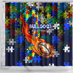 Bulldogs Autism Awareness Shower Curtain Puzzle Flames Rugby Ball