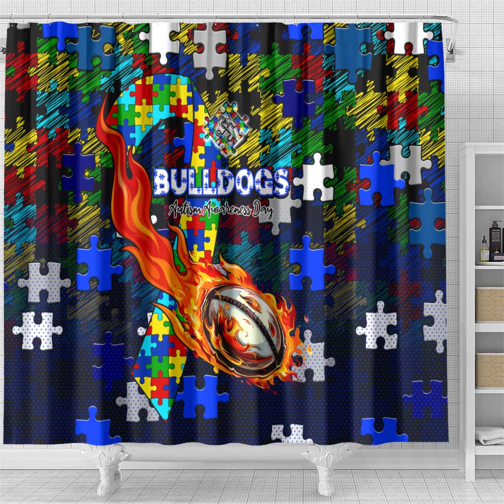 Bulldogs Autism Awareness Shower Curtain Puzzle Flames Rugby Ball