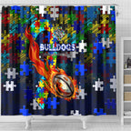 Bulldogs Autism Awareness Shower Curtain Puzzle Flames Rugby Ball