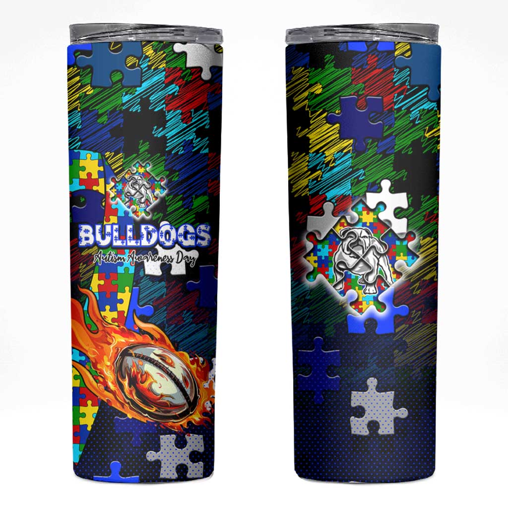 Bulldogs Autism Awareness Skinny Tumbler Puzzle Flames Rugby Ball