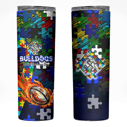 Bulldogs Autism Awareness Skinny Tumbler Puzzle Flames Rugby Ball
