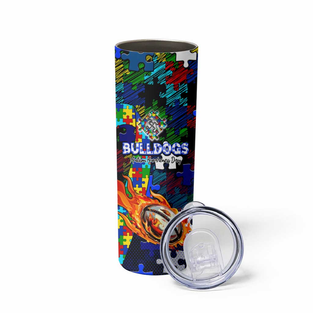 Bulldogs Autism Awareness Skinny Tumbler Puzzle Flames Rugby Ball
