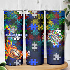 Bulldogs Autism Awareness Skinny Tumbler Puzzle Flames Rugby Ball