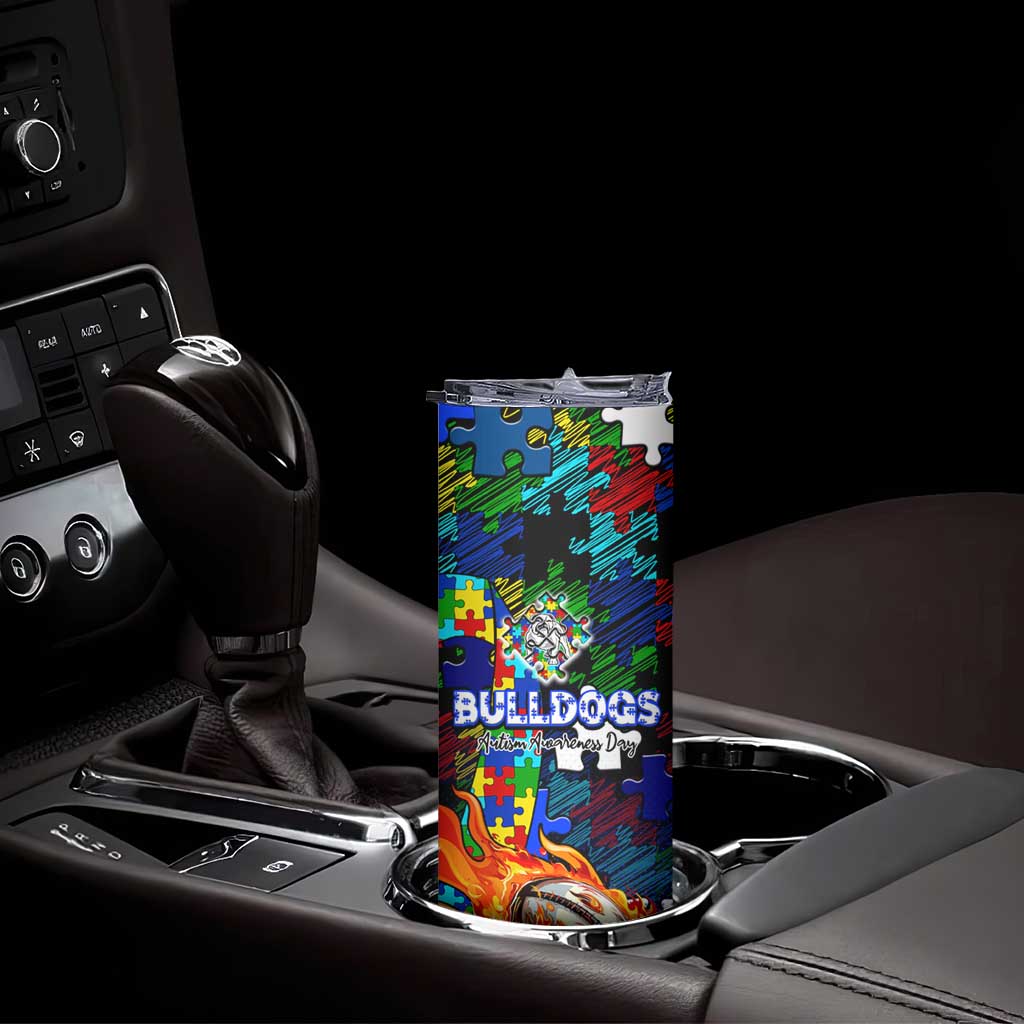 Bulldogs Autism Awareness Skinny Tumbler Puzzle Flames Rugby Ball