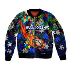 Bulldogs Autism Awareness Sleeve Zip Bomber Jacket Puzzle Flames Rugby Ball