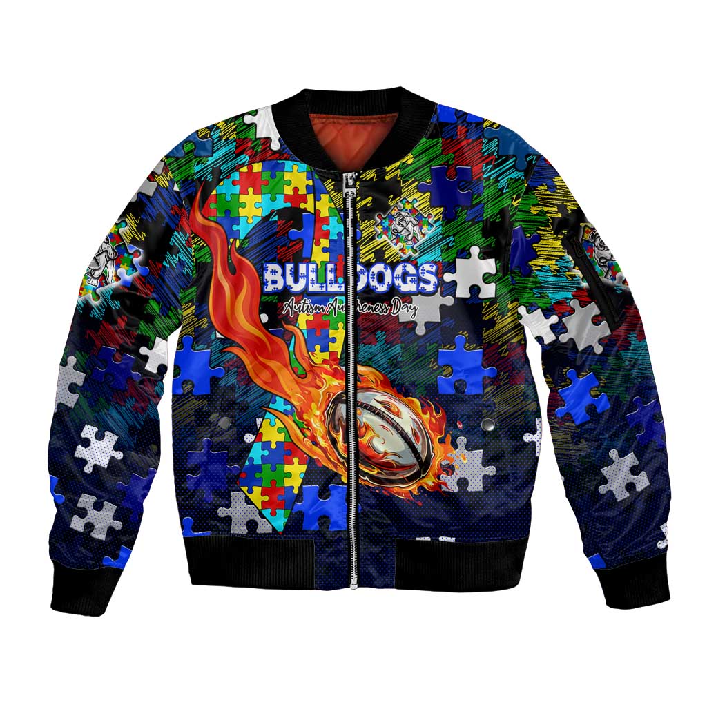 Bulldogs Autism Awareness Sleeve Zip Bomber Jacket Puzzle Flames Rugby Ball