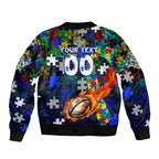 Bulldogs Autism Awareness Sleeve Zip Bomber Jacket Puzzle Flames Rugby Ball
