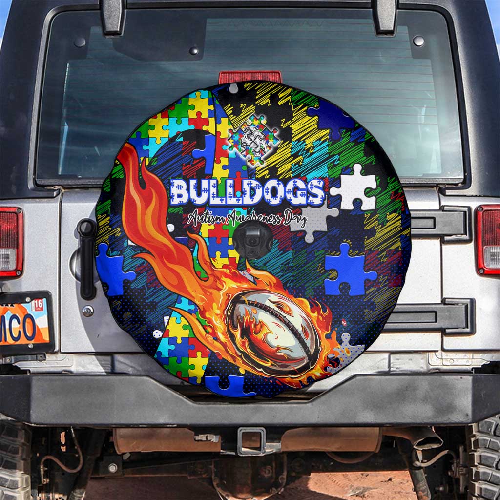 Bulldogs Autism Awareness Spare Tire Cover Puzzle Flames Rugby Ball