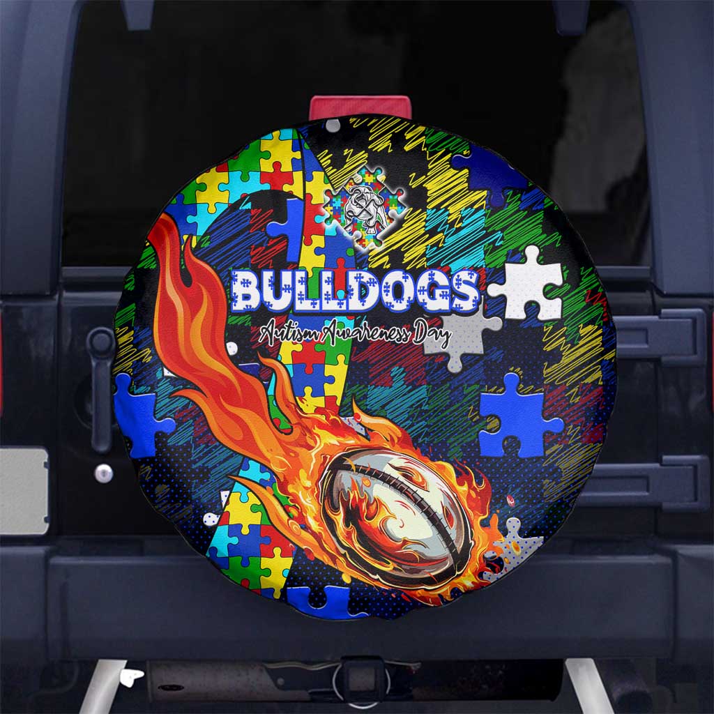 Bulldogs Autism Awareness Spare Tire Cover Puzzle Flames Rugby Ball