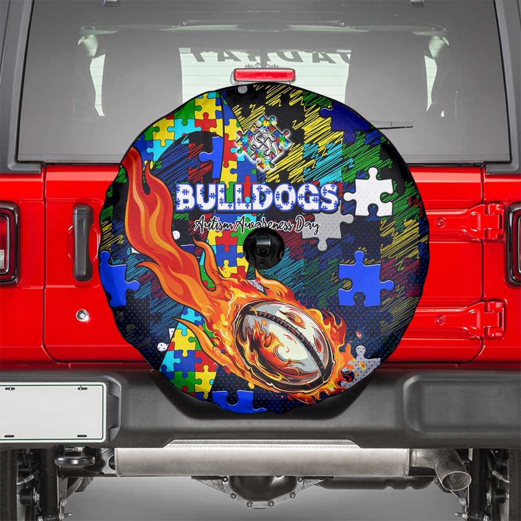 Bulldogs Autism Awareness Spare Tire Cover Puzzle Flames Rugby Ball