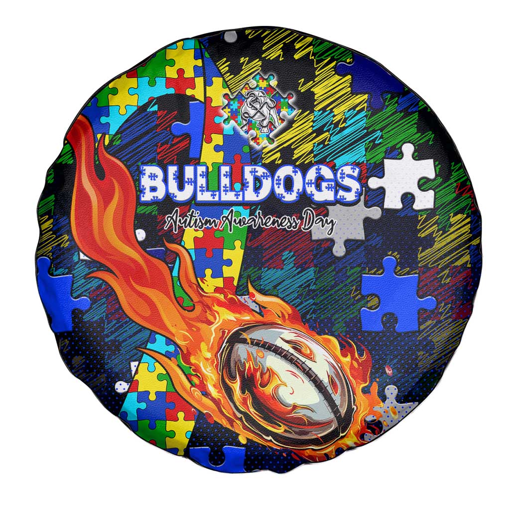 Bulldogs Autism Awareness Spare Tire Cover Puzzle Flames Rugby Ball